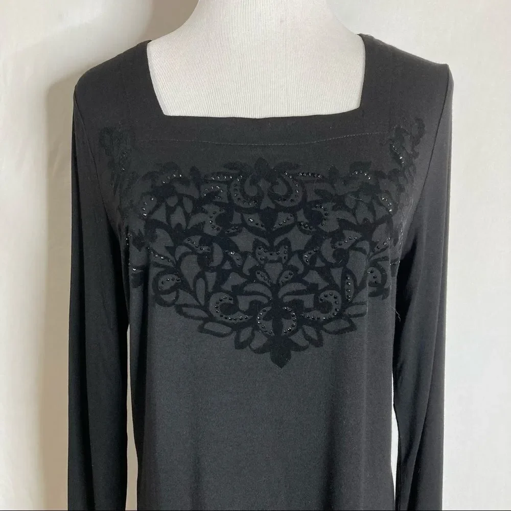 Gizel Black Rhinestone Velvet Design Tunic Medium Boutique